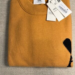 Ami Men's Mustard Crewneck Sweater with Black Accent